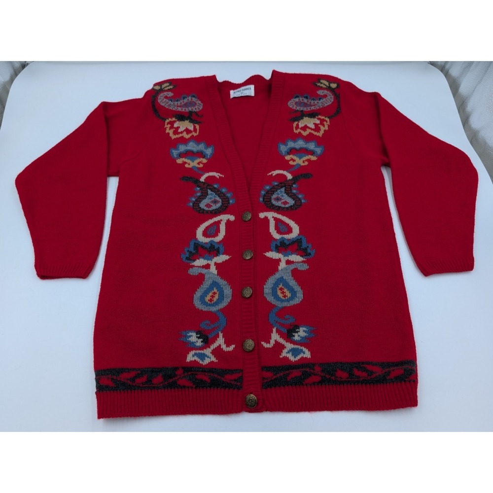 Red Paisley Button Cardigan Acrylic Knit Sweater Women's Size Medium VTG Grandma